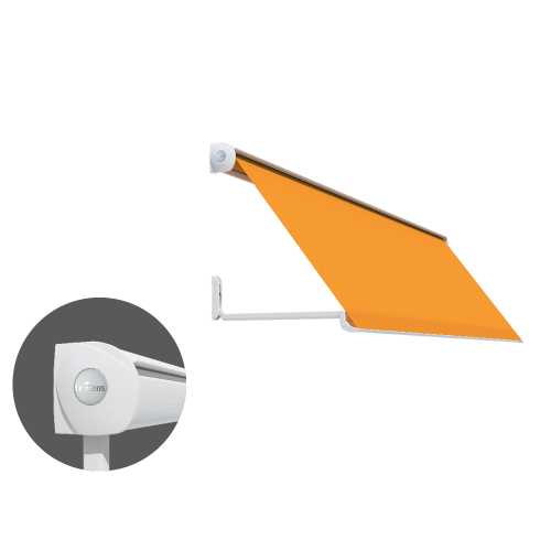 Lewens Micro 100 uitvalscherm gemonteerd boven raam of balkon, met vrije doorkijk en effectieve zonwering