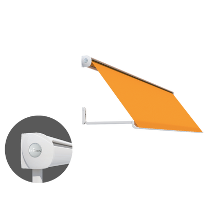 Lewens Micro 100 uitvalscherm gemonteerd boven raam of balkon, met vrije doorkijk en effectieve zonwering