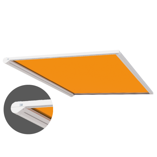 Lewens Portofino zip-zonwering onder glazen dak met strakke doekspanning en optionele LED-verlichting