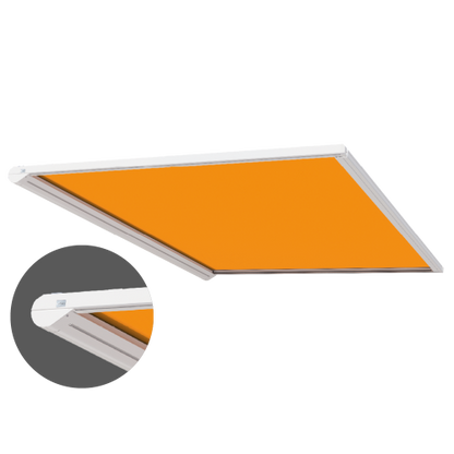 Lewens Portofino zip-zonwering onder glazen dak met strakke doekspanning en optionele LED-verlichting