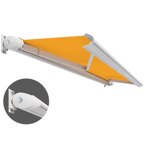 Lewens Toscana zonnescherm met elegante cassette en steile uitvalshoek, geschikt voor zelfmontage